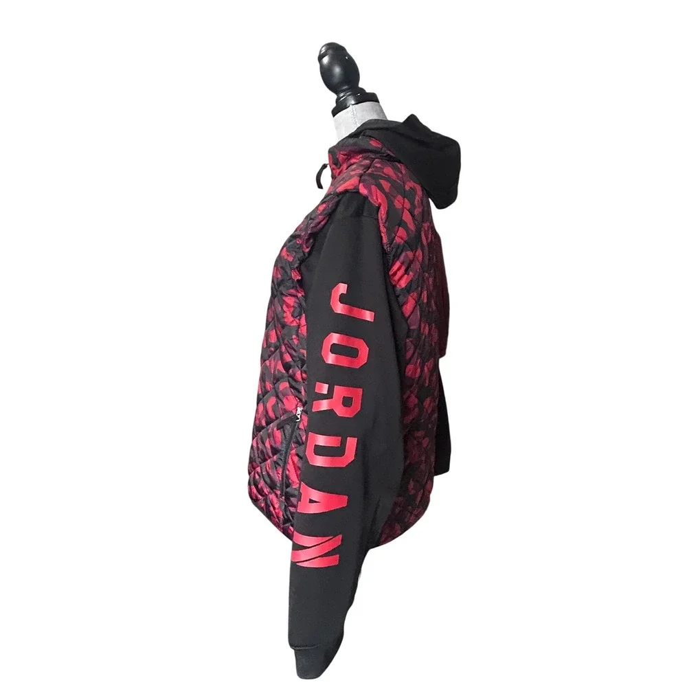 Jordan Kids Quilted Hooded Jacket‎ Red Black Floral Print Logo Size XL